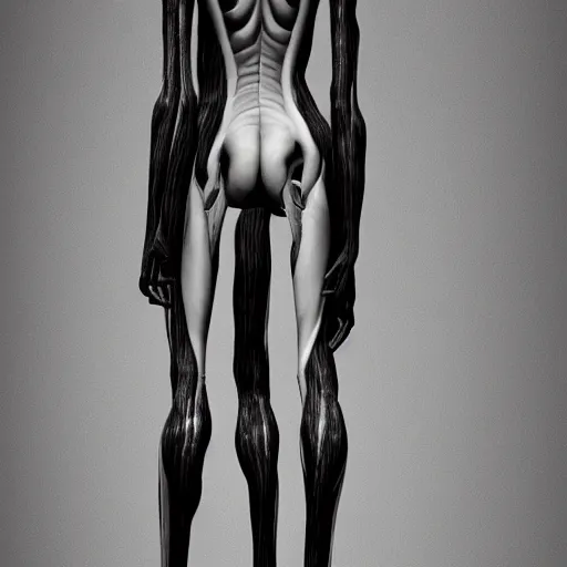 Image similar to photorealistic detailed tall skinny humanoid creature, extremly detailed, black and white, 8 k, realistic, sharp focus, cosmic horror creature, cosmic horror