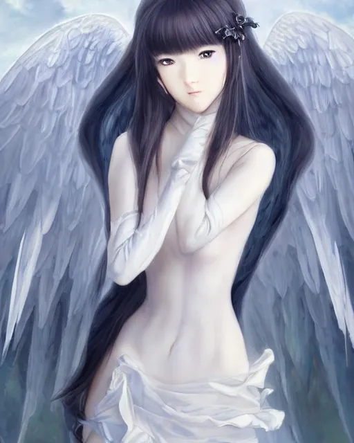 Image similar to range murata, an infinitely detailed portrait of a frail and pale female peace angel elegantly. fully - clothed full - body, beautiful! scenery art!! coherent! by wlop & murata range, victorian armor trim, cold color palette, artstation / pixiv!! elegantly armored angel portrait full - body, dreamy art