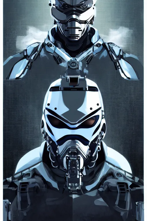 Image similar to cyber cyborg ninja mask helmet metal gear solid artic suit swat commando, global illumination ray tracing hdr fanart arstation by sung choi and eric pfeiffer and gabriel garza and casper konefal, a spectacular view cinematic rays of sunlight comic book illustration, by john kirby