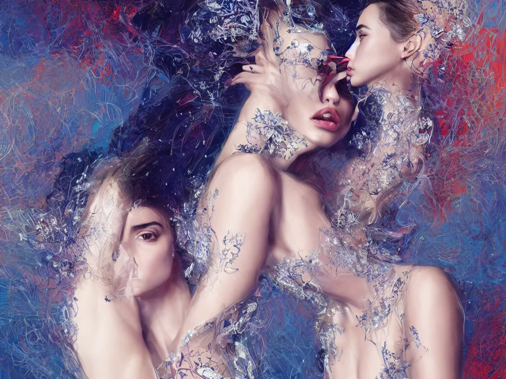 Image similar to !dream Ana de Armas wearing epic haute couture by Alexander McQueen, extremely beautiful and proportionate face, in the aesthetic of mert and marcus, masterpiece, intricate, elegant wardrobe, highly detailed, digital painting, artstation, concept art, crepuscular rays, smooth, sharp focus, illustration, neon cyberpunk colors, art by artgerm and james jean and greg rutkowski and alphonse mucha