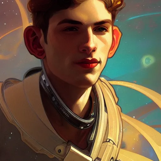 Image similar to portrait of a male space explorer, D&D, fantasy, elegant, hopeful, cosmic, muscular, highly detailed, digital painting, artstation, concept art, smooth, sharp focus, illustration, art by alphonse mucha