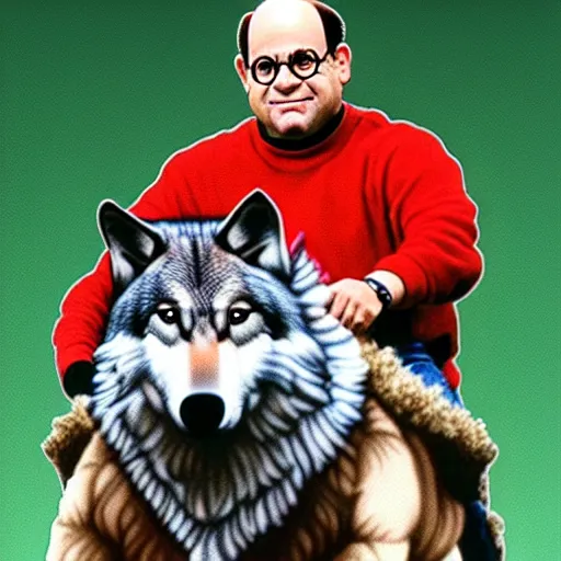 Image similar to George Costanza (from Seinfeld) riding a wolf