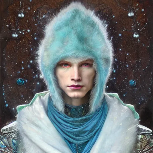 Image similar to a close - up portrait of an androgynous handsome male snow elf in a turquoise cape and silver armour, albino skin, winter vibes, elegant, very coherent symmetrical artwork, by tomasz alen kopera and alphonse mucha and charlie bowater, photorealistic