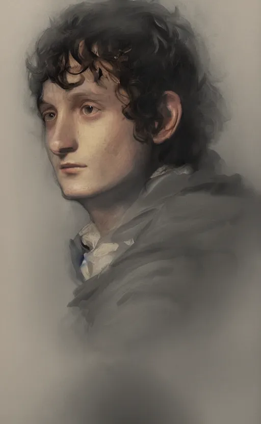 Image similar to a beautiful portrait painting of frodo, by diego velazquez, beautiful composition and structure, high contrast, high saturation, vivid ember colors, cross hatching featured on artstation, shading study, lighting study, studio lighting, pipe smoke, volumetric fog, artistic, cinematic, backlight, rim light, portrait study