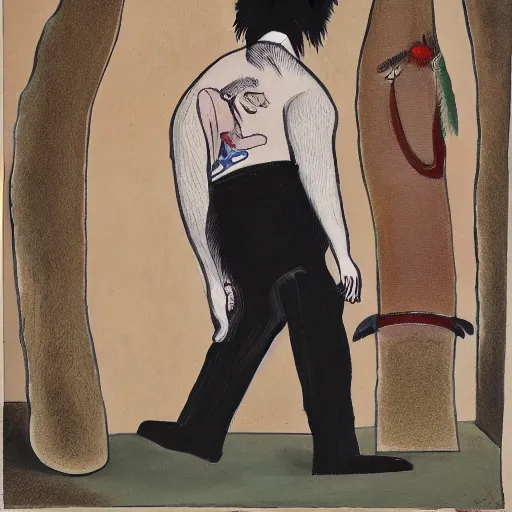 Image similar to a detailed portrait painting of a man with a cat on his back by gerald scarfe