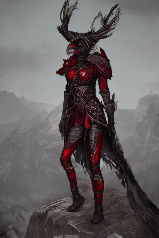 Image similar to female adventurer in tight full - body ebony leather armor of dunmer design with dark red cloth underneath and with a red porcelain crow mask, trending in artstation, establishing shot