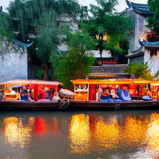 Prompt: beautiful and peaceful ancient water town in the south of china, zhouzhuang ancient town, movie style, warm color to move, boats, evening lanterns, the glow of the sunset on the water, high detailed