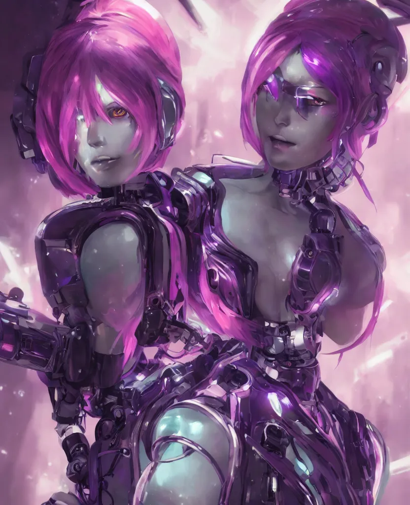 Prompt: A beautiful painting of a cyberpunk anime girl with purple hair and an a huge robot arm sensual stare, Trending on artstation. augmentations and cybernetic enhancements neon circuits, greg rutkowski artstation, hyperrealist, cinema4D, 8k highly detailed ❤️‍🔥 🔥 💀 🤖 🚀