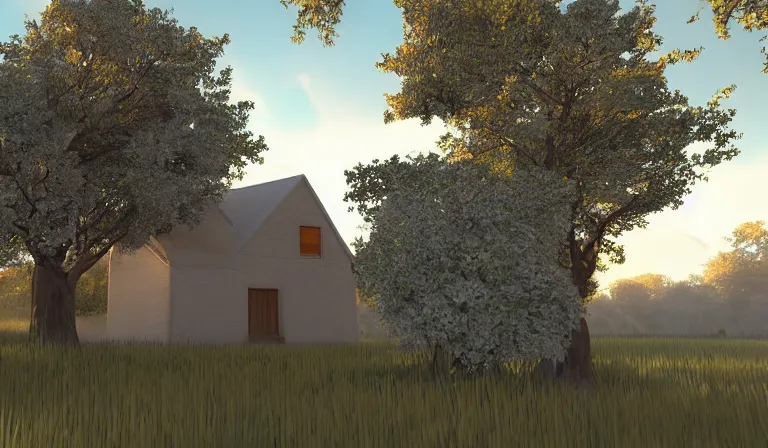 Prompt: A serene landscape with a singular building in the style of raytracing