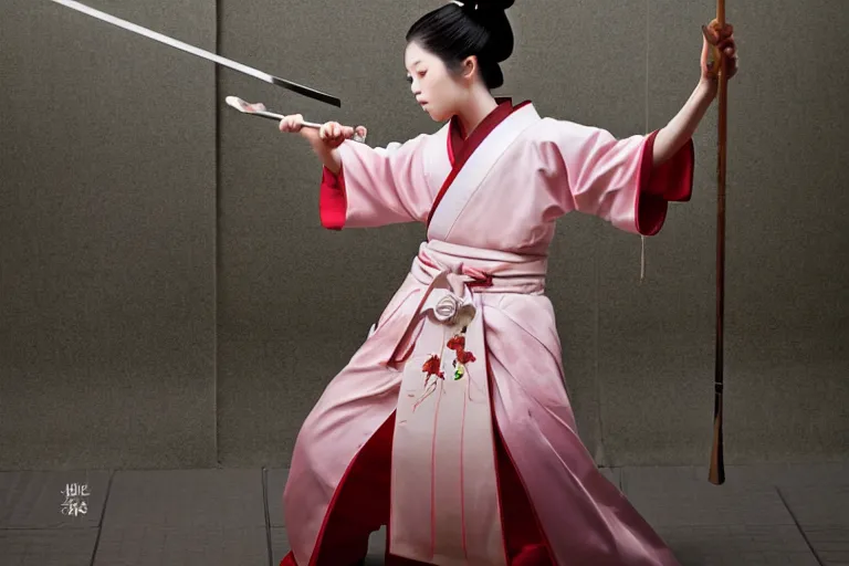 Prompt: beautiful photo of a young modern geisha samurai practising the sword in a traditional japanese temple, mid action swing, beautiful eyes, huge oversized sword, award winning photo, muted pastels, action photography, 1 / 1 2 5 shutter speed, dramatic lighting, anime set style