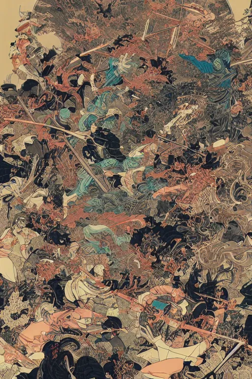 Image similar to hyper detailed illustration of a samurai battle by james jean, yoshitaka amano and victo ngai