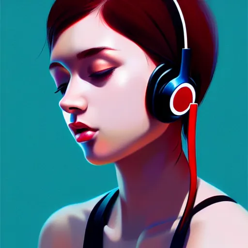 Image similar to a woman with headphones on, digital painting masterpiece, by ilya kuvshinov and rockin jellybean