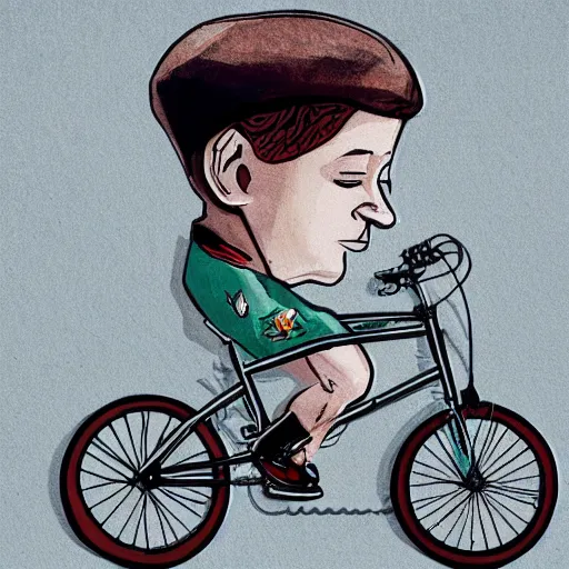 Image similar to matthias dandois wearing a flat bible shirt and riding a tiny bicycle portrait detailed