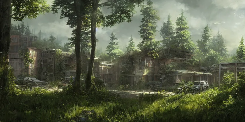 Image similar to an environmental concept art of the last of us by studio ghibli, environmental lighting, cinematic