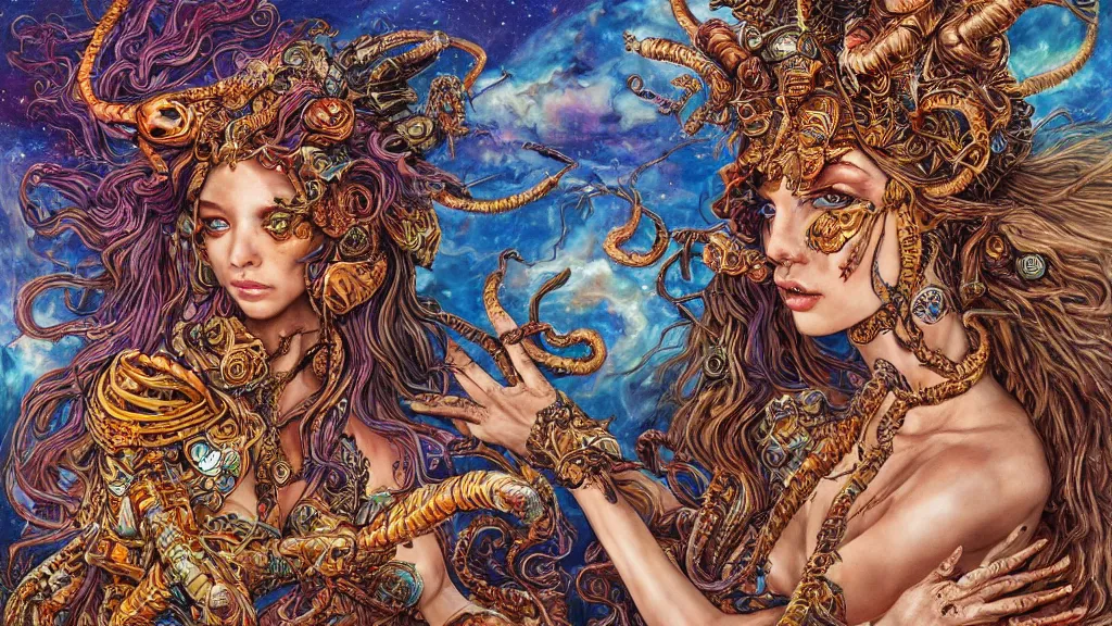 Prompt: portrait of a scorpion goddess, full body shot, rule of thirds, wide angle, amazing landscape in background, fantasy, whimsical, horror, art by chengwei pan and josephine wall and amanda sage, intricately detailed, highly detailed, luxurious, elegant, clean, unsettling, trending on artstation