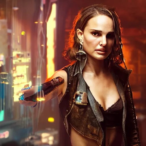 Image similar to a high quality portrait of natalie portman as a pirate in a cyberpunk cyberpunk cyberpunk cafe, realism, 8k, award winning photo