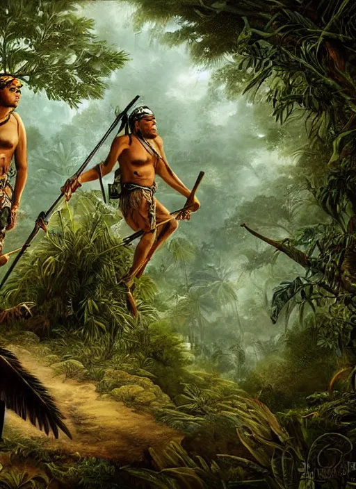 Image similar to two indigenous people hunting together in the jungle, fantasy art, highly detailed, matte painting