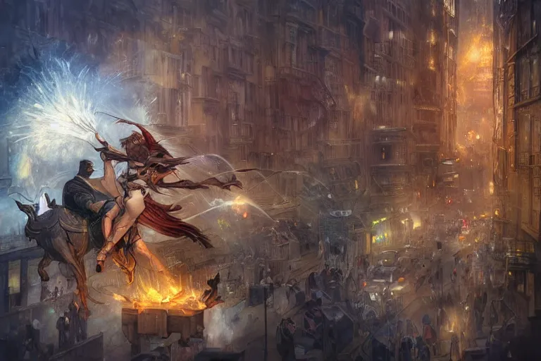 Image similar to Beautiful few sorcerers attacking people on streets with thunders in New York city , wide angle, magic, fire, face painting, dramatic lighting, intricate, wild, highly detailed, digital painting, artstation, concept art, smooth, sharp focus, illustration, art by artgerm and greg rutkowski and alphonse mucha, footage from space camera
