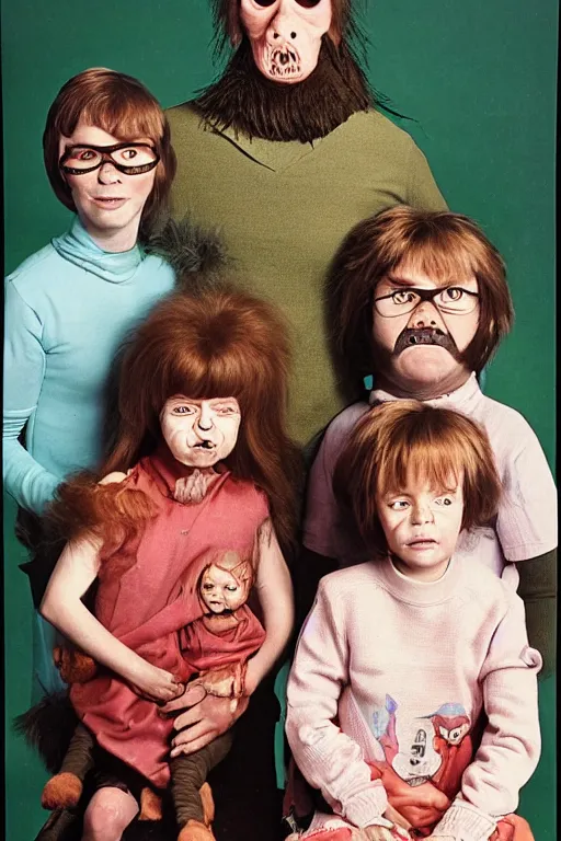 Prompt: mugwump mutant family photo, 1 9 7 0 s, olan mills studio, creepy, scary, nightmare, color, grotty, ugly, terrified