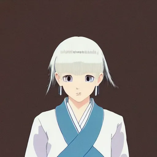 Image similar to Portrait of a japanese princess young lady, with white hair and bangs!!!! beauty artwork by Makoto Shinkai, Studio Ghibli, white hair, ayaka genshin impact, ayaka, ayaka game genshin impact, ayaka, extremely detailed, beautiful, establishing shot, artistic,