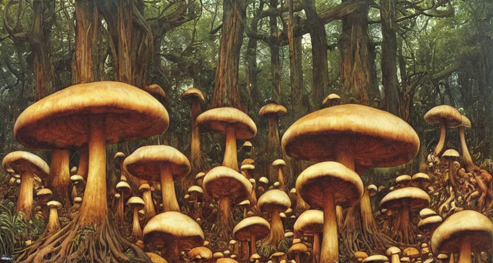 Image similar to A tribal village in a forest of giant mushrooms, by Gerald Brom,