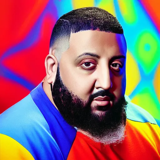 Image similar to ultra detailed portrait photo of dj khaled in a studio, blue, under red and yellow cinematic lighting, digital painting, android jones