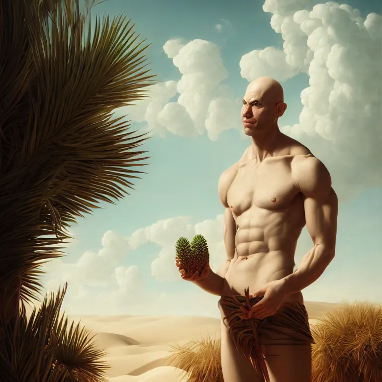 Prompt: tropical plant, young bald muscle white man in white desert, dune, baroque portrait painting, beautiful detailed intricate insanely detailed octane render trending on Artstation, 8K artistic photography, photorealistic, chiaroscuro, Raphael, Caravaggio