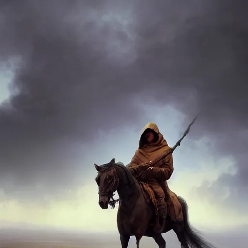 Prompt: cinematic shot epic portrait an hooded man riding a horse in middle of wheat fields, sunny, cloudy, broad light, ambient occlusion, volumetric light effect, made by ivan aivazovsky, peter mohrbacher, greg rutkowski, matte painting, trending on artstation, 4 k, perfectly defined features, digital painting, cinematic, epic, highly detailed,