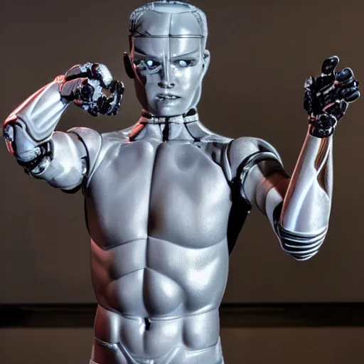 Image similar to a realistic detailed photo of a guy who is an attractive humanoid who is half robot and half humanoid, who is a male android, wrestler finn balor, shiny skin, posing like a statue, blank stare, by the pool, on display, showing off his muscles, humanoid robot, frozen ice statue