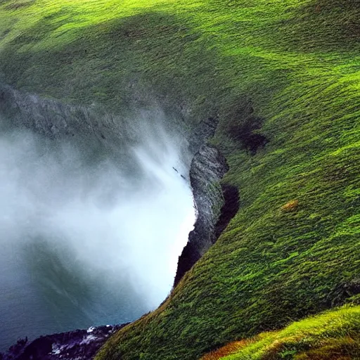 Prompt: green island rolling green hills, huge cliffs, rough seas, misty mountain