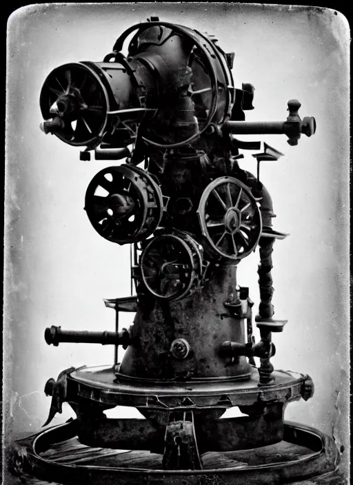 Image similar to 1 8 8 5 photo of a steampowered riveted turret from portal 2, gatling gun, daguerrotype, high quality