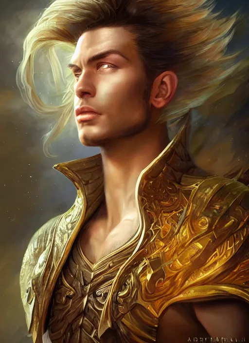 Image similar to a higly detailed airbrush full body shot and face portrait painting of a fantasy male character, pathfinder, dynamic lighting, ambient lighting, deviantart, art by artgerm, karol bak