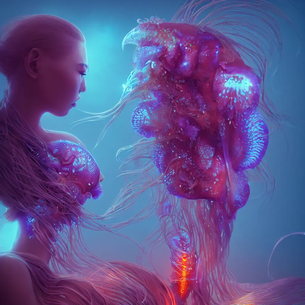 Image similar to goddess close-up portrait. orchid jellyfish phoenix head, nautilus, skull, betta fish, bioluminiscent creatures, intricate artwork by Tooth Wu and wlop and beeple. octane render, trending on artstation, greg rutkowski very coherent symmetrical artwork. cinematic, hyper realism, high detail, octane render, 8k