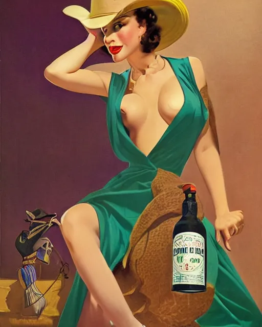 Image similar to Ril Mayer wearing purple green snakeskin cowhide motif and oversized cowboy hat promotes bottled bull run stimulant tonic SNAKE OIL, art by gil Elvgren and Ilya kuvshinov