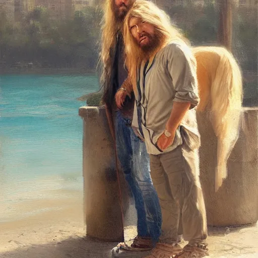 Image similar to oil painting of a young man with long hair blond and a beard hippie style painting on a golden retriever, people watching around, by greg rutkowski, artstation