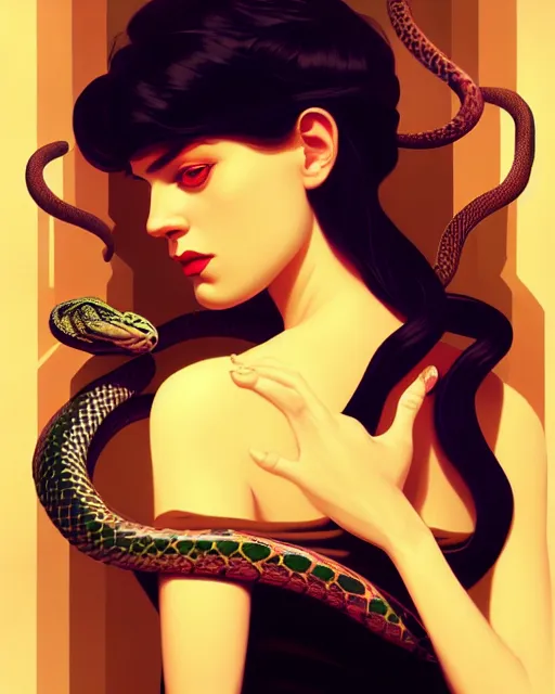 Image similar to surreal stylized portrait by aykutmakut of an artistic pose, composition, young victorian sad fancy lady, surrounded by snakes, cinematic moody colors, realistic shaded, fine details, realistic shaded lighting poster by ilya kuvshinov, magali villeneuve, artgerm, jeremy lipkin and michael garmash and rob rey