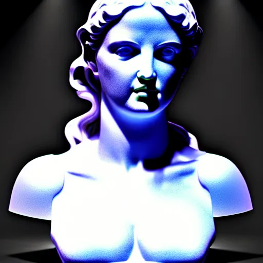 Image similar to sci - fi cgartist wide shot anaglyph ambient occlusion rendering of a hyper realistic marble greek statuary beautiful goddess glowing with embedded leds head product photo bright white backdrop high key colored lighting, trending on artstation volumetric lighting