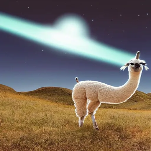 Image similar to a llama being abducted by ufos