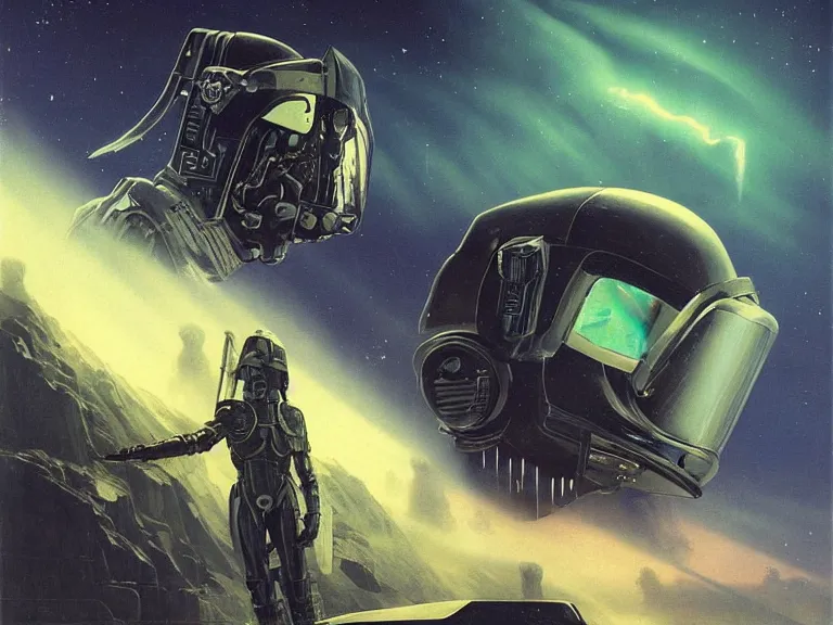 Image similar to a detailed profile painting of a bounty hunter in armour and visor, cinematic sci-fi poster. Spaceship high in the background. Flight suit, anatomy portrait symmetrical and science fiction theme with lightning, aurora lighting clouds and stars. Clean and minimal design by beksinski carl spitzweg and tuomas korpi. baroque elements. baroque element. intricate artwork by caravaggio. Oil painting. Trending on artstation. 8k