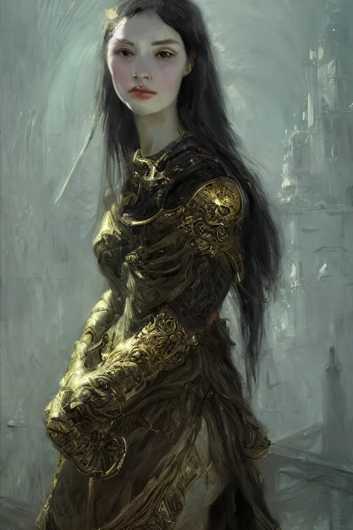 Prompt: portrait of a beautiful 20-year-old woman, in style of Valentin Serov, Dark Souls 3 themed, in style of Ruan Jia, insanely detailed and intricate, golden ratio, elegant, ornate, luxury, elite, matte painting, cinematic, cgsociety, James jean, Brian froud, ross tran, Laputa