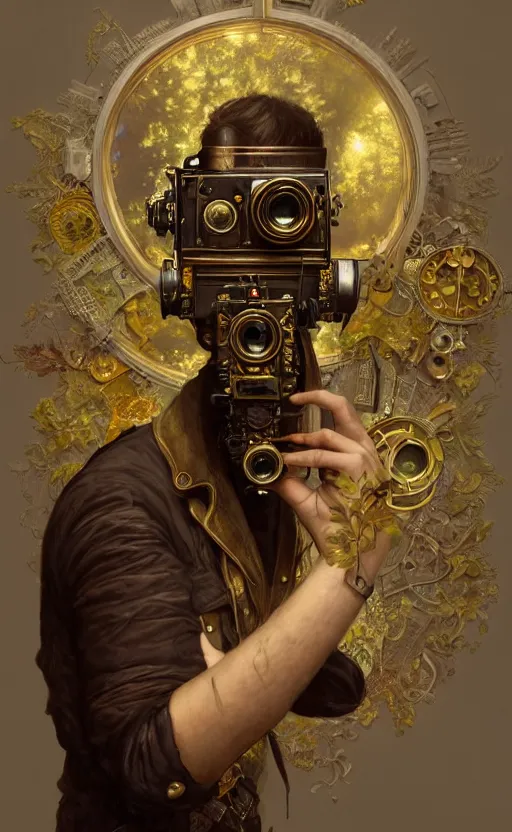 Image similar to hyper realistic male photographer looking through a vintage steampunk medium format camera, design on white background, beautiful details, lush foliage cyberpunk, gold, drawn by john singer sargent, tom bagshaw, norman rockwell, alphonso mucha, lolish, trending on artstation