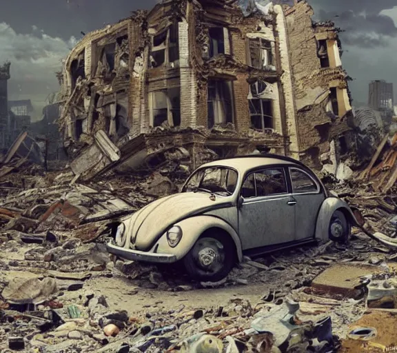 Image similar to one single Volkswagen Beetle in a pile of rubble in the ruins of a house. Post apocalyptic, ruins, rubble, gloomy. By Makoto Shinkai, Stanley Artgerm Lau, WLOP, Rossdraws, James Jean, Andrei Riabovitchev, Marc Simonetti, krenz cushart, Sakimichan, trending on ArtStation, digital art.