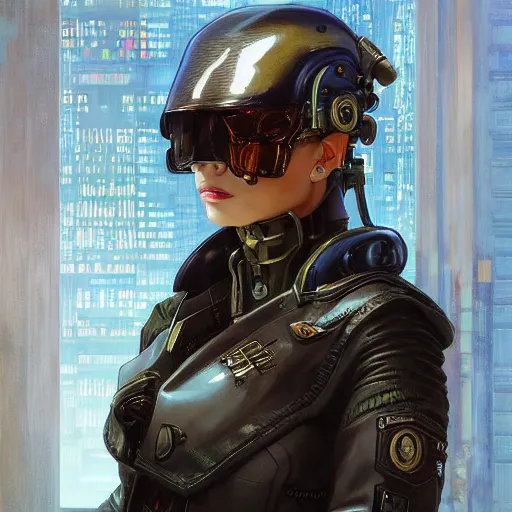 Image similar to cyberpunk officer, highly detailed, digital painting, artstation, concept art, smooth, sharp focus, illustration, ArtStation, art by artgerm and greg rutkowski and alphonse mucha and J. C. Leyendecker and Edmund Blair Leighton and Katsuhiro Otomo and Geof Darrow and Phil hale and Ashley wood and Ilya repin and Charlie Bowater