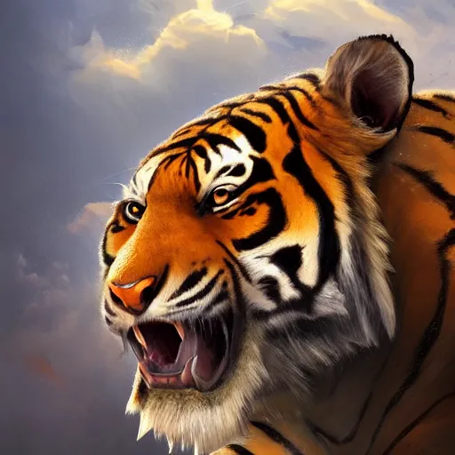 Prompt: a detailed portrait of a tiger roaring, by justin gerard and greg rutkowski, digital art, realistic painting, dnd, character design, trending on artstation