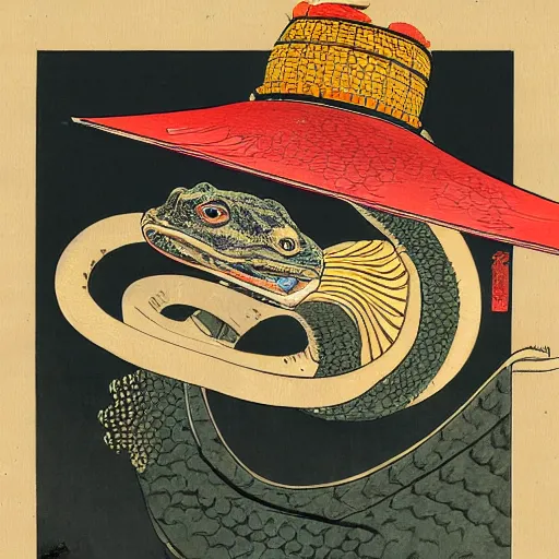 Image similar to a painting of a komodo dragon wearing samurai garb and a ronin straw hat in an ukiyo e style