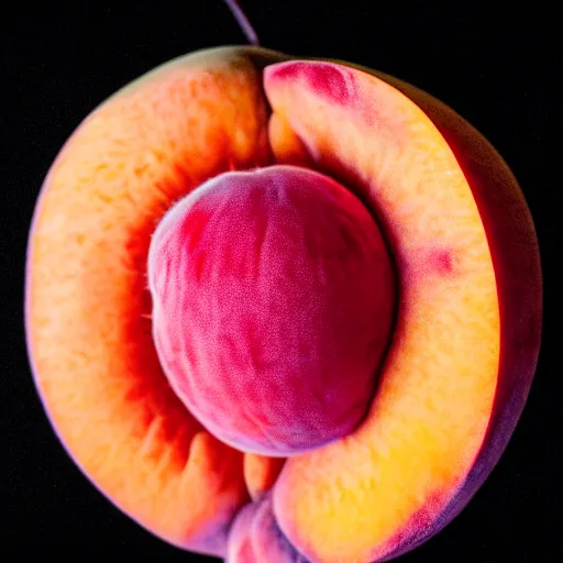 Image similar to a macro photo of a round peach's dry hairy skin, hyper realistic, hyper detailed, 35mm, very grainy film, pink volumetric studio lighting, bokeh, black background award winning shot, vogue magazine, cinematic, 8k, very closeup, elegant, tender, pastel