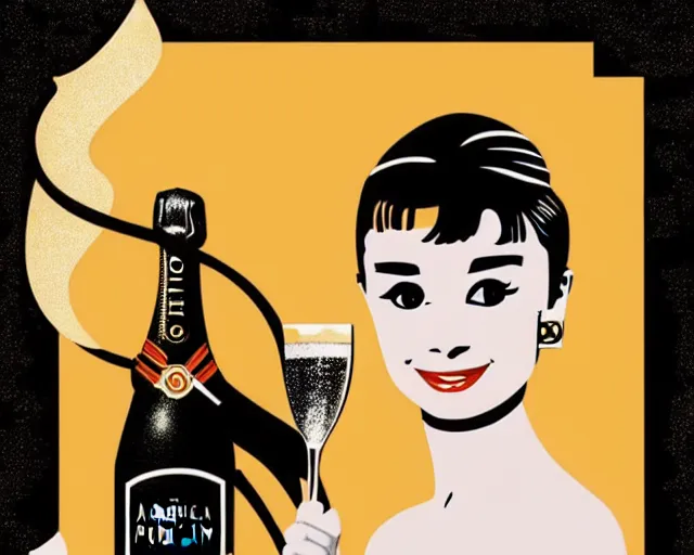 Image similar to teenage audrey hepburn in art deco style, champagne commercial, artstation, illustration, bright, cheerful, detailed and intricate environment