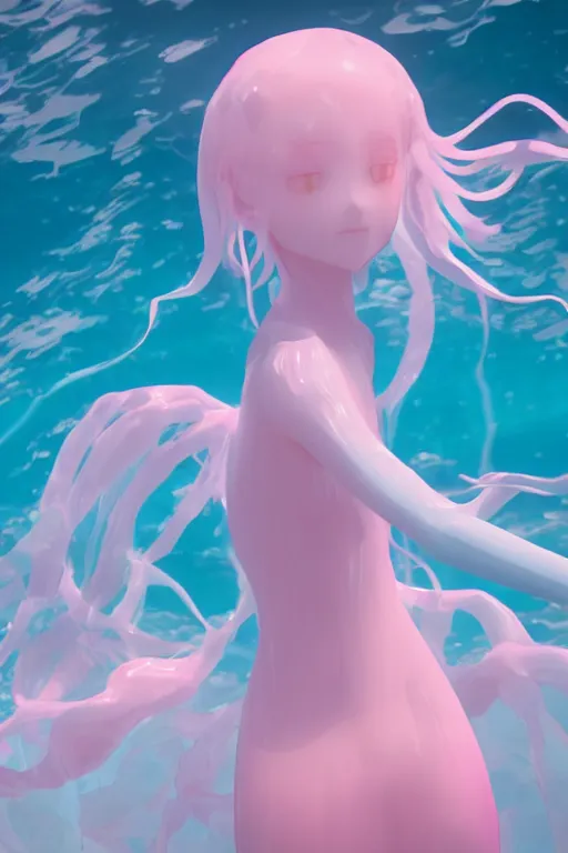 Image similar to 3D CG anime Land of the Lustrous Houseki no Kuni character Ventricosus translucent very light pink jelly woman with thick chest size and pink transparent bouffont dress frills standing at the bottom of the ocean near the surface, sun rays shine through the water, beautiful composition, 3D render, cel shaded, 8k, key visual, made by Haruko Ichikawa, Makoto Shinkai, studio Ghibli, Kyoto Animation