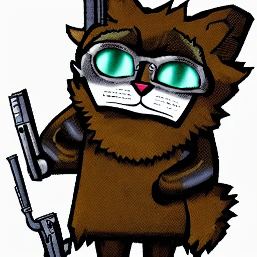 Prompt: fluffy anthropomorphic cat with lots of guns