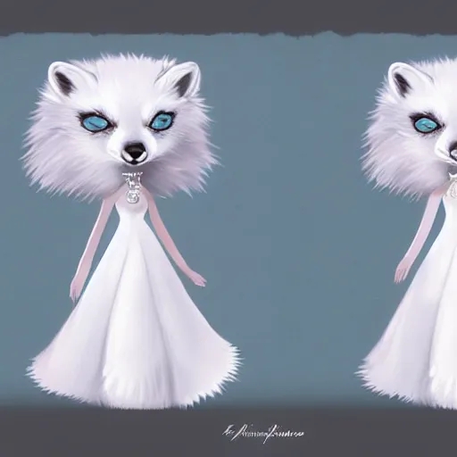 Image similar to a regal character design of a feminine anthropomorphic arctic fox wearing a white dress and necklace, character art, whimsical, concept art, pretty princess, wlop, artstation, highly detailed digital art. Airbrushed anthro arctic fox female in a dress